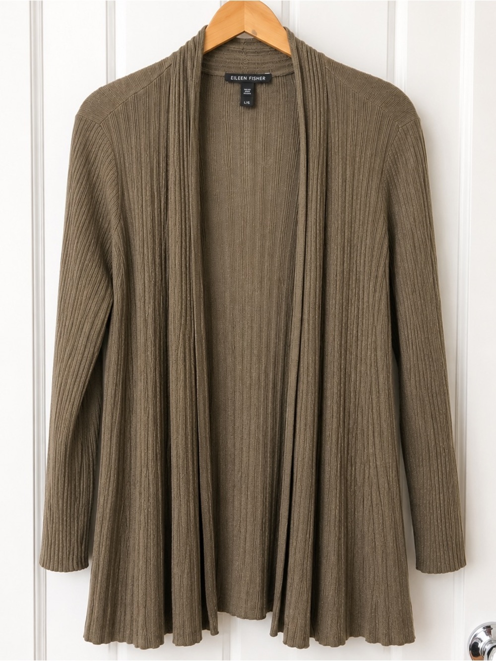 Eileen Fisher Olive Green Tencel Merino Wool Long Cardigan L